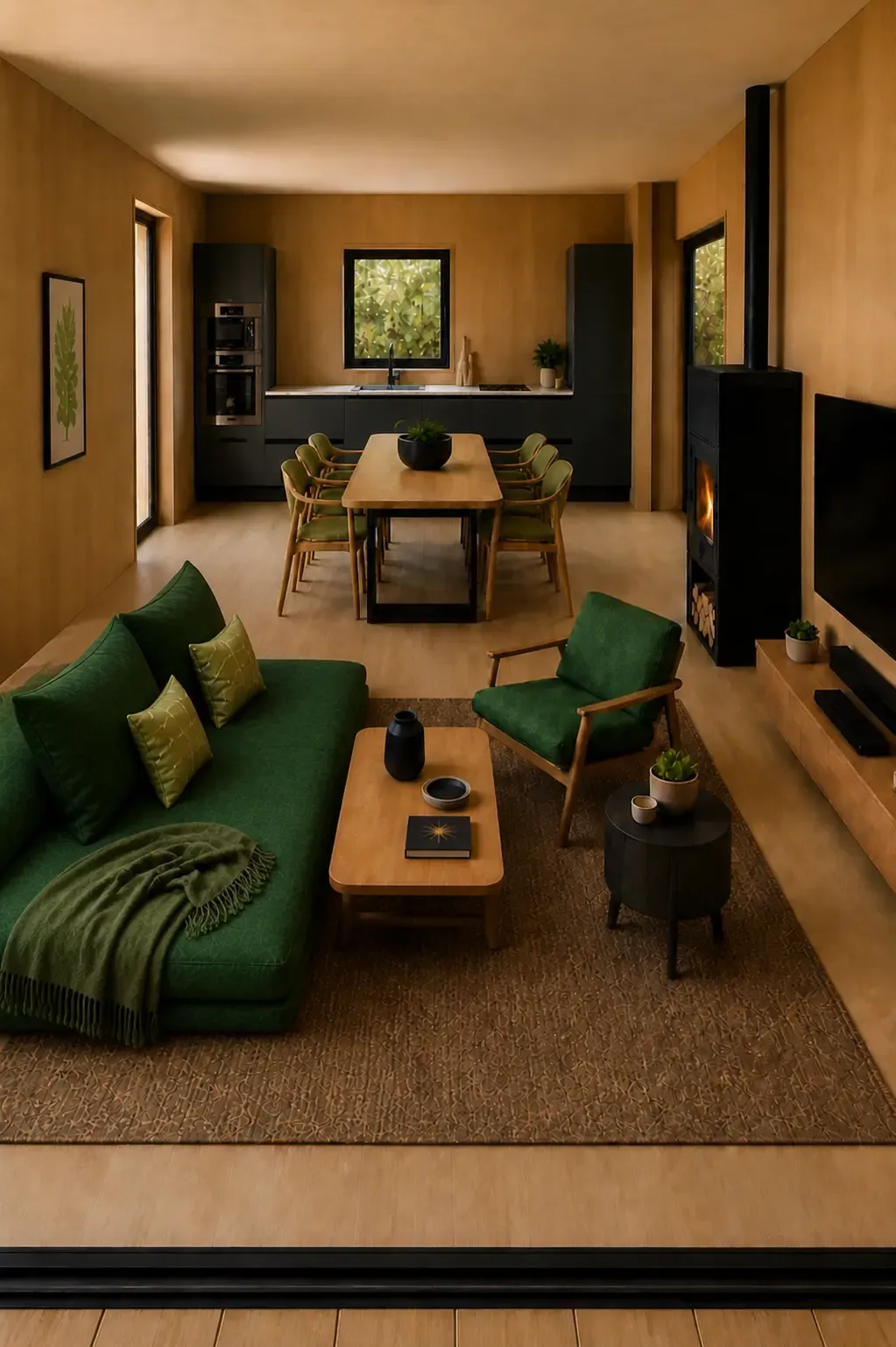 Cozy living room with green sofa and forest view